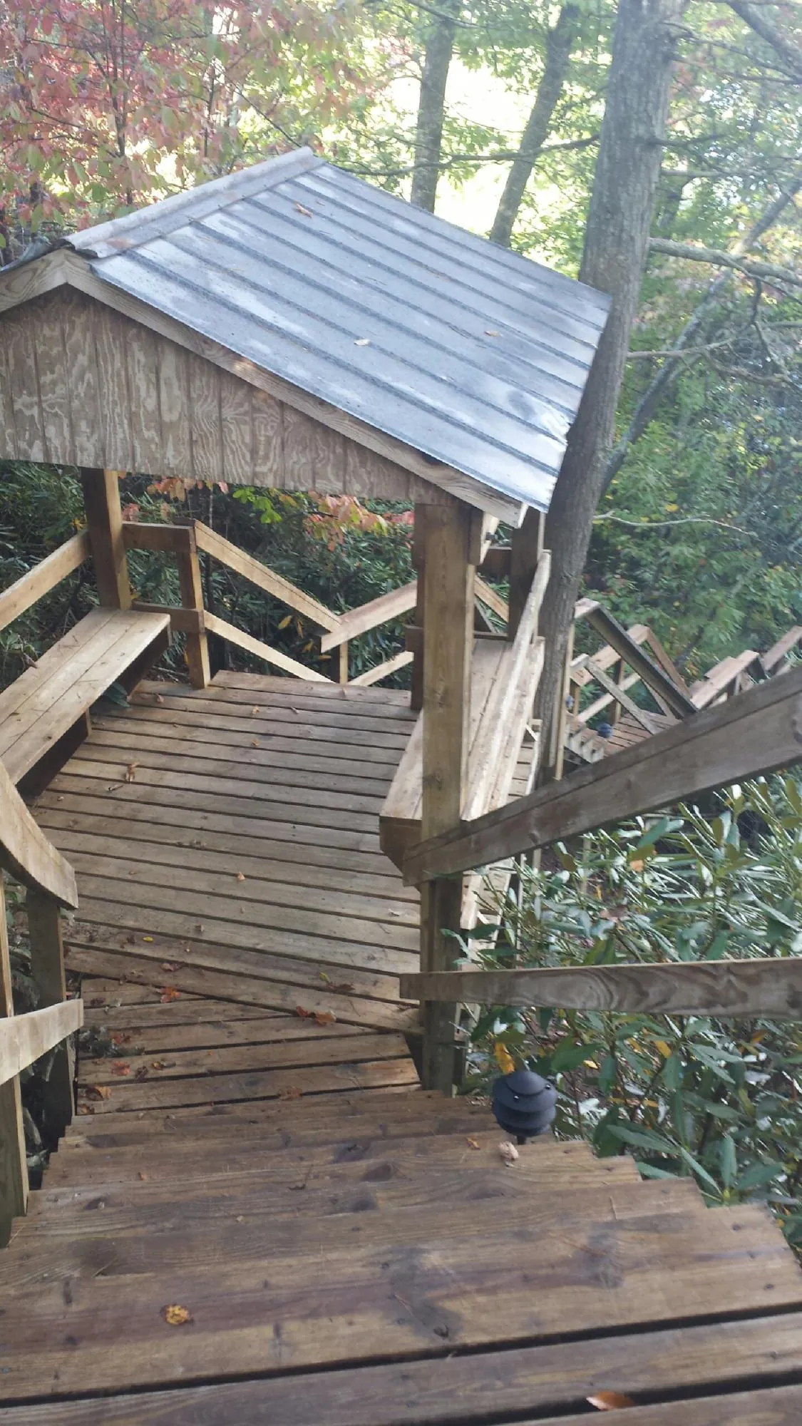 Metal roofed shelter over wooden steps on a wooded walkway — Skylight Repair & Installation work by our crew in Blandon